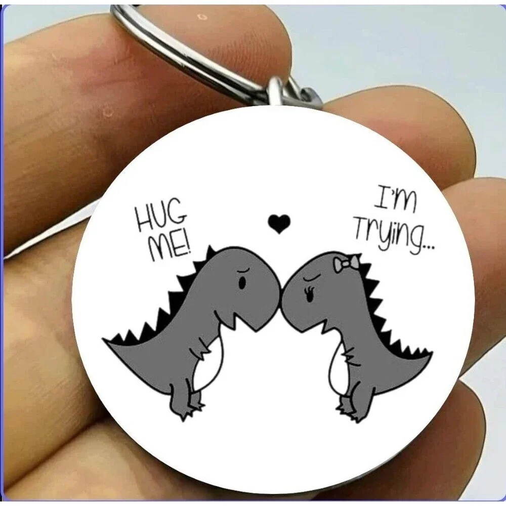 T Rex Dinosaur Baby Couple Hug Love Heart Stainless Keychain Funny Lover Kiss